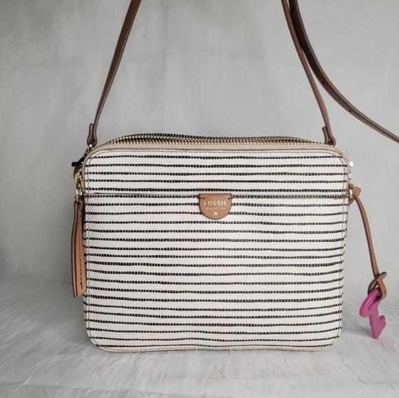 Fossil Sydney double zippered black & white crossbody purse tan strap - Picture 9 of 9
